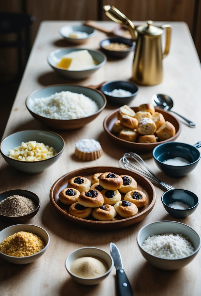 A table spread with various ingredients and utensils for making traditional Babka Bites