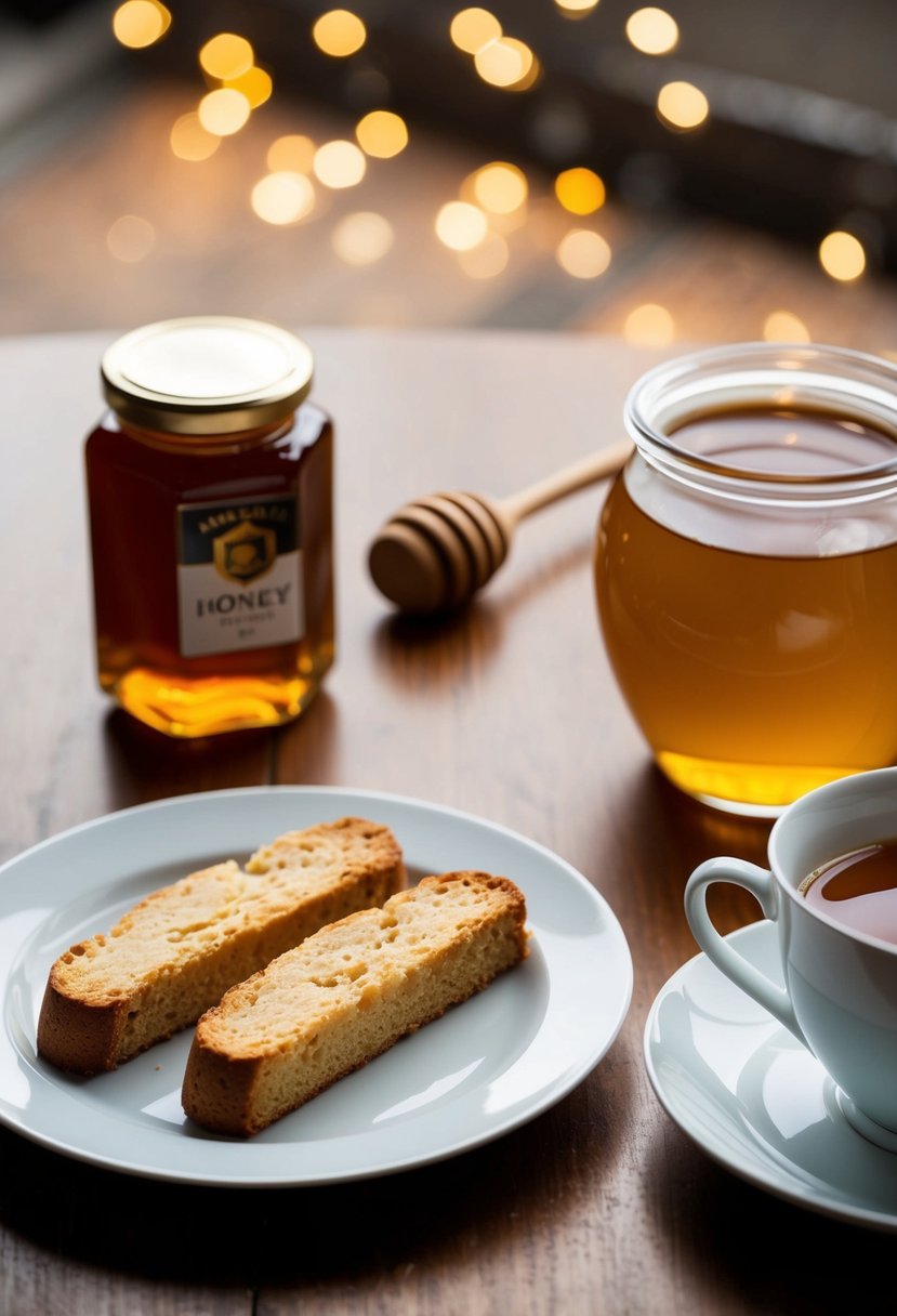 A table set with a plate of honey cake biscotti, a jar of honey, and a cup of tea