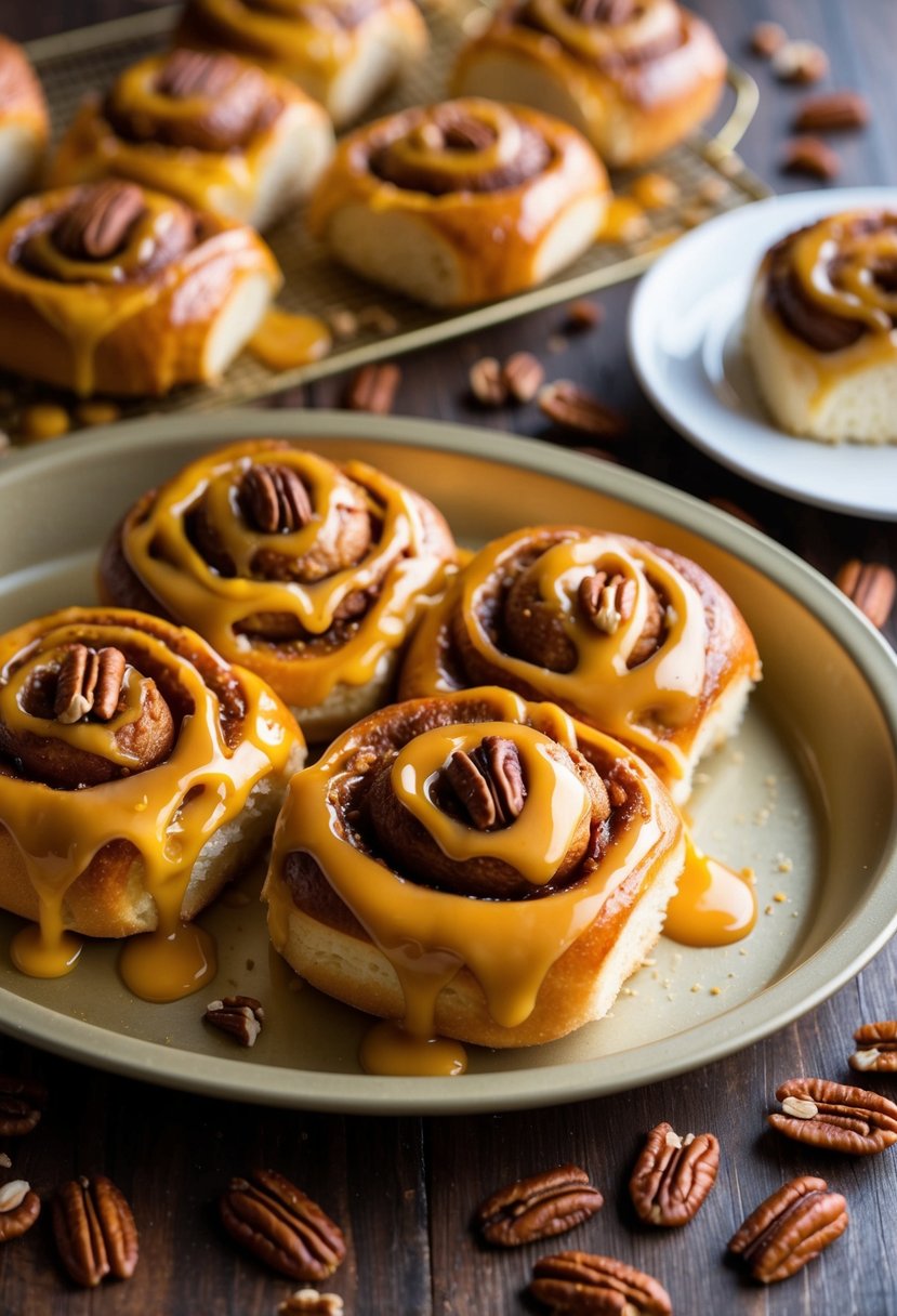 A golden tray of pecan sticky buns drizzled with butterscotch glaze, surrounded by scattered pecans and a warm, inviting atmosphere