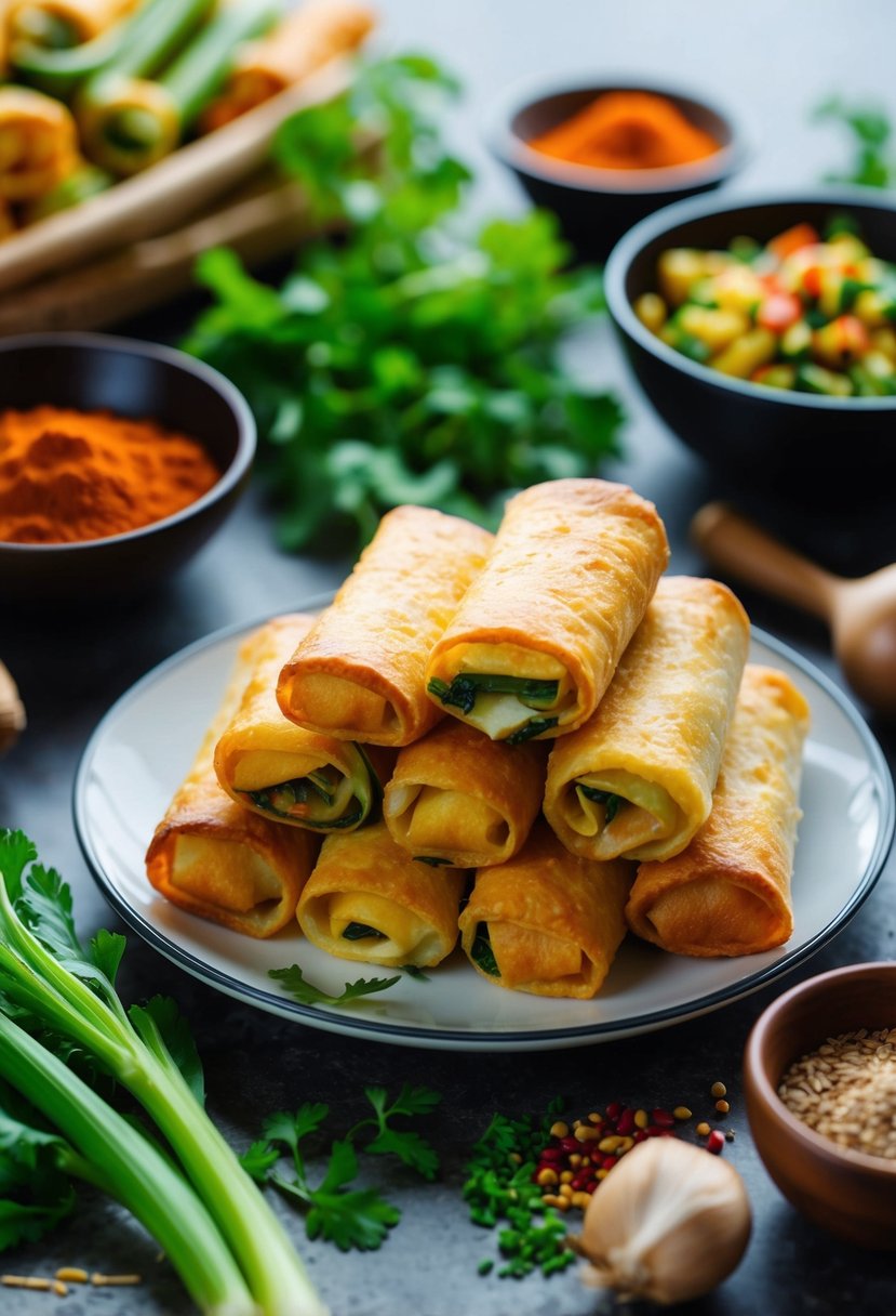 A plate of golden brown vegetable egg rolls surrounded by fresh ingredients and traditional spices