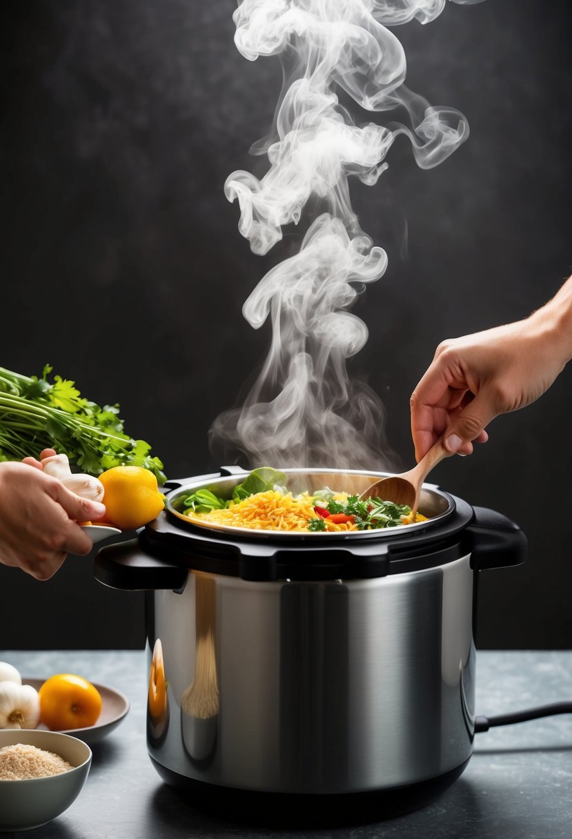 A variety of fresh ingredients being added into an electric pressure cooker, steam escaping from the top as the food cooks