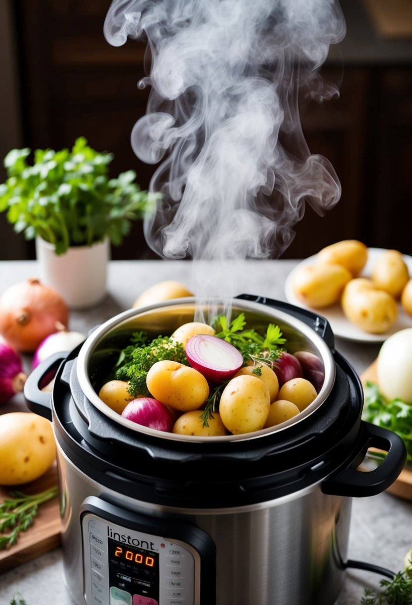 A colorful array of fresh potatoes, onions, and herbs being placed into an Instant Pot, steam rising from the electric pressure cooker