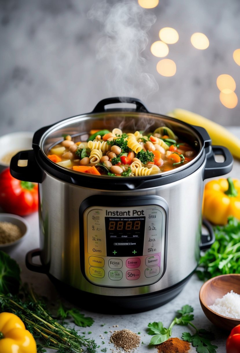 A bubbling Instant Pot filled with colorful vegetables, beans, and pasta, surrounded by fresh herbs and spices