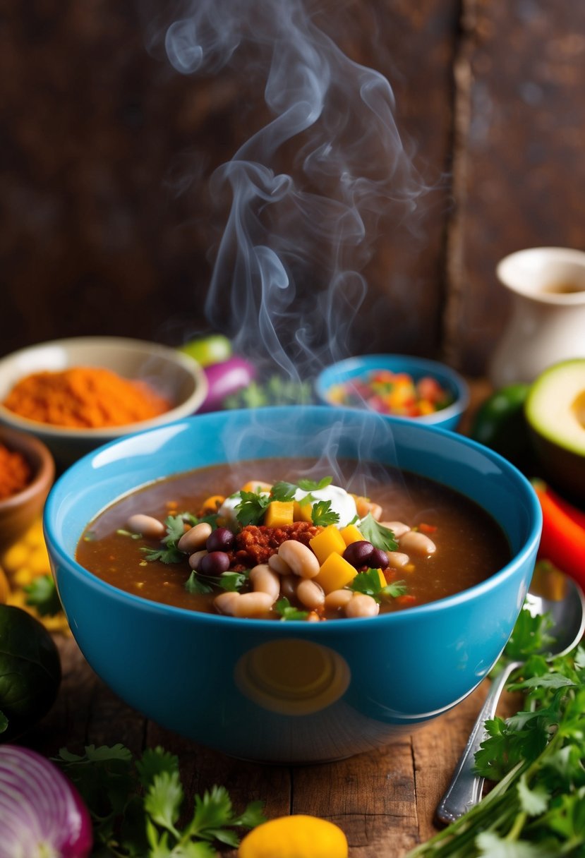 A steaming bowl of pinto bean soup surrounded by colorful Southwestern spices and fresh ingredients, set against a rustic backdrop