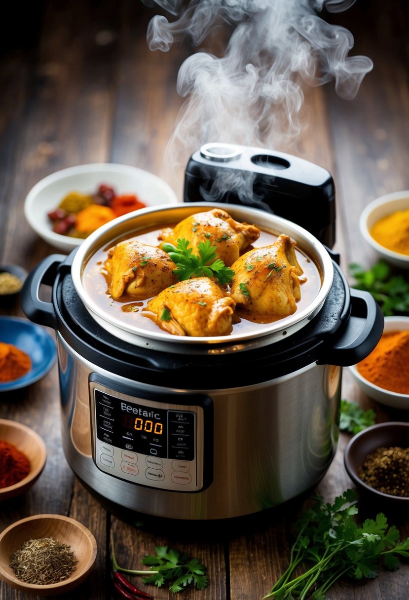 A steaming electric pressure cooker filled with aromatic butter chicken, surrounded by vibrant spices and herbs