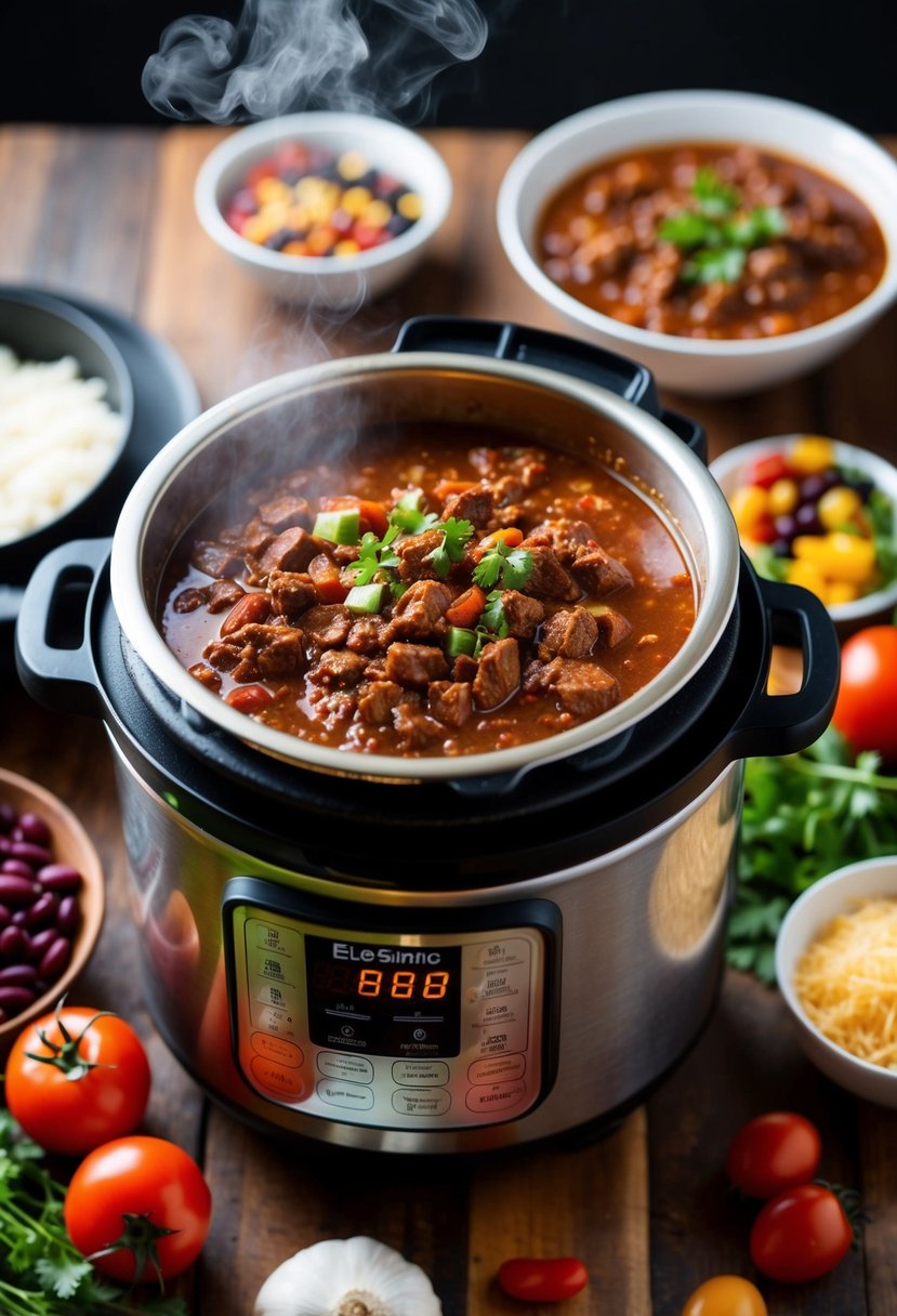 A steaming electric pressure cooker filled with simmering beef chili, surrounded by colorful ingredients like tomatoes, beans, and spices