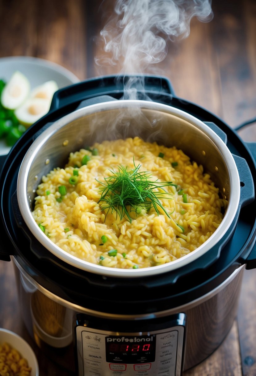 A bubbling electric pressure cooker filled with creamy vegan risotto, infused with the rich umami flavors of miso, steaming and ready to be served