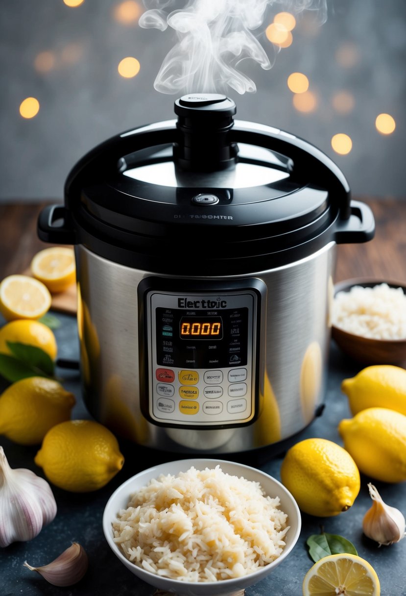 A steaming electric pressure cooker surrounded by fresh lemons, garlic cloves, and a bowl of fluffy rice