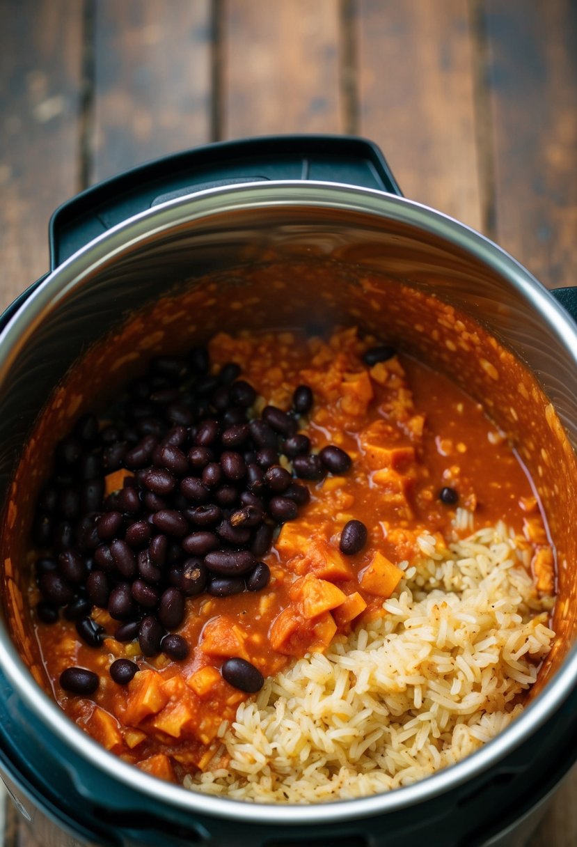 Rice and black beans cook in a bubbling red enchilada sauce inside an electric pressure cooker