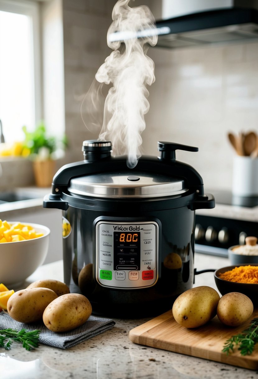 A steaming electric pressure cooker surrounded by Yukon Gold potatoes and various cooking ingredients on a kitchen countertop