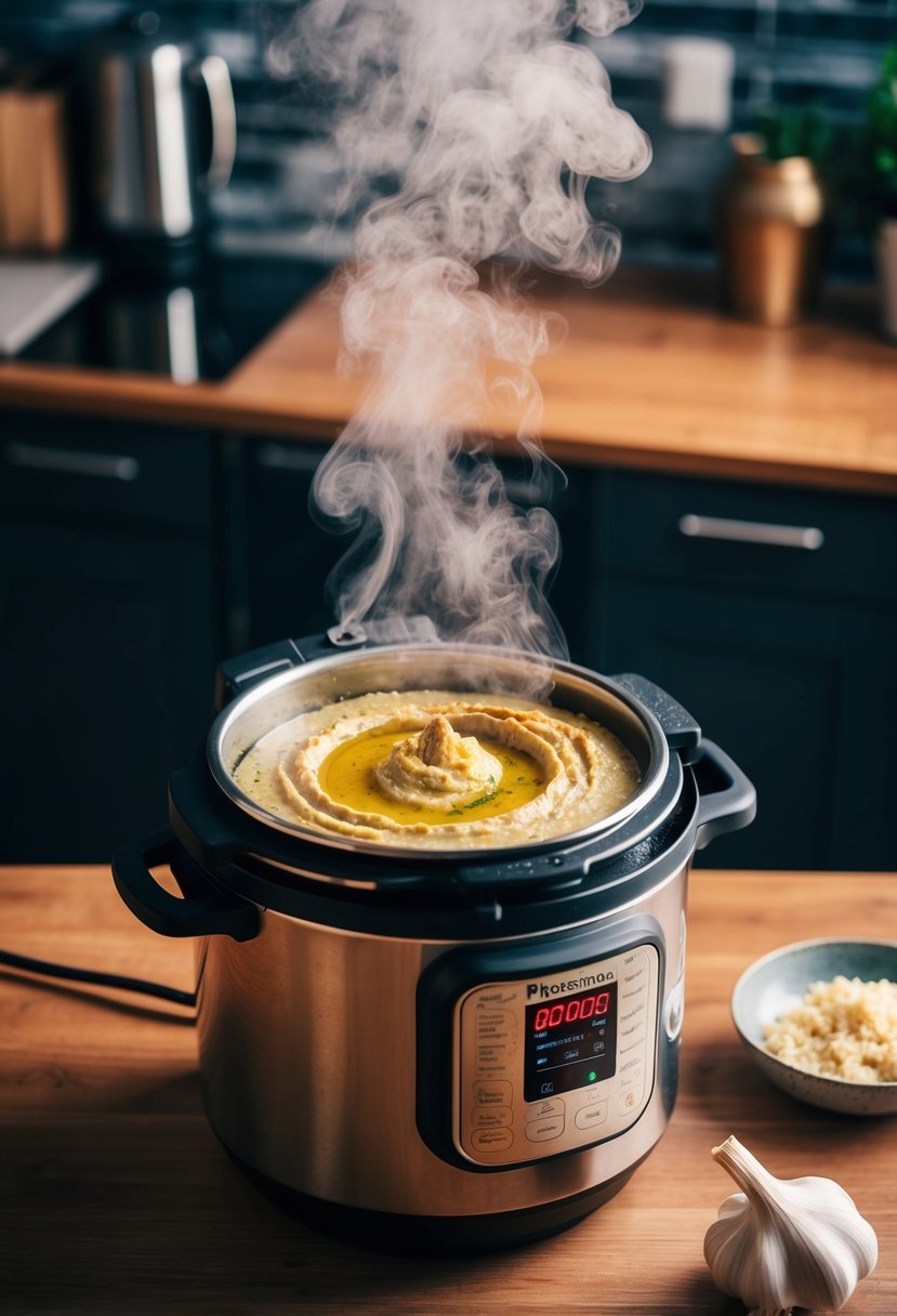 A steamy electric pressure cooker releasing fragrant garlic hummus