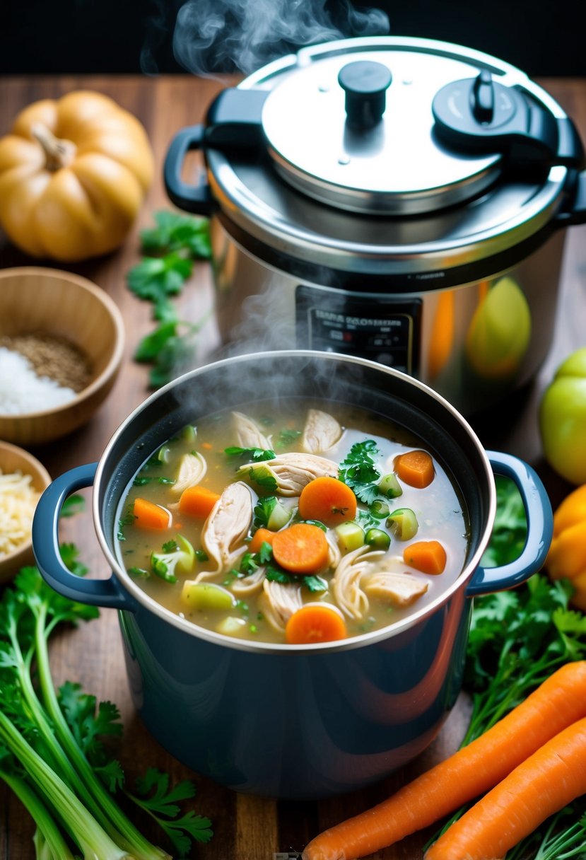 A steaming pot of chicken vegetable soup surrounded by fresh ingredients and an electric pressure cooker