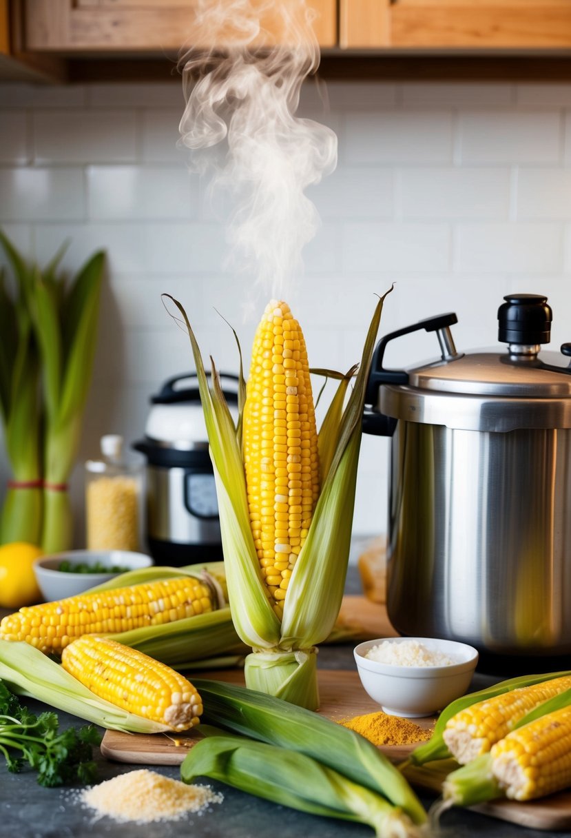 A steaming ear of corn-on-the-cob surrounded by a pressure cooker, fresh corn, and various cooking ingredients on a kitchen counter