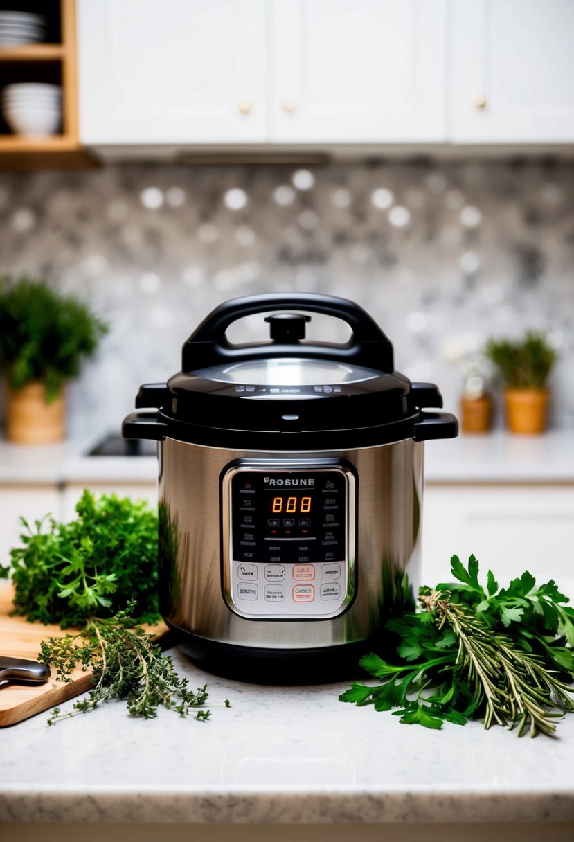 A kitchen countertop with an electric pressure cooker surrounded by fresh herbs like rosemary, thyme, and parsley