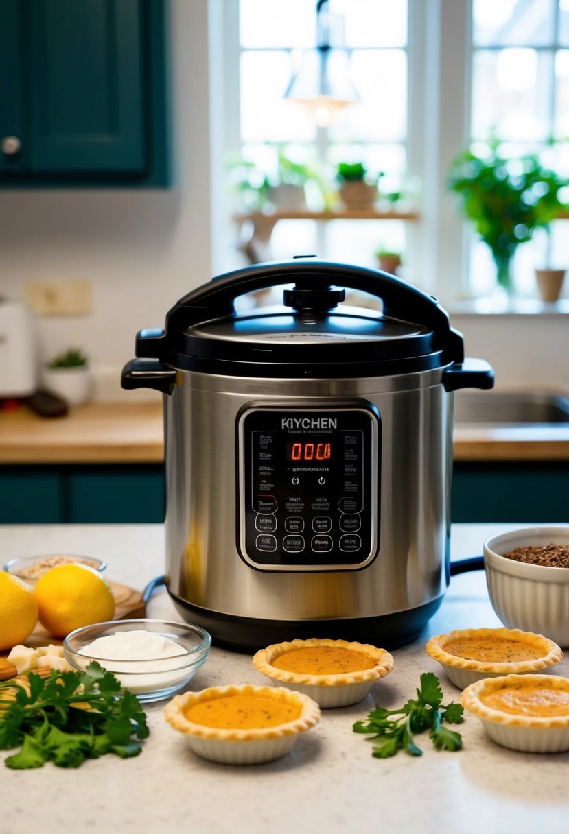 A kitchen counter with an open electric pressure cooker surrounded by ingredients for Irish Dingle Pies