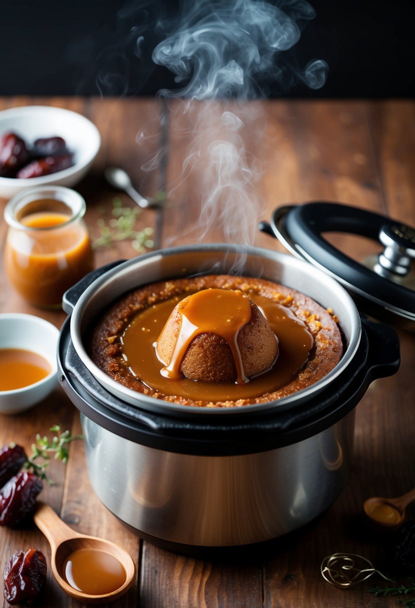 A steaming pressure cooker filled with sticky toffee pudding, surrounded by ingredients like dates and caramel sauce