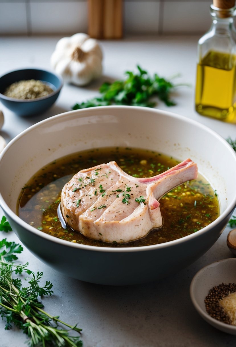 A pork chop soaking in a bowl of marinade surrounded by ingredients like garlic, herbs, and oil on a kitchen counter