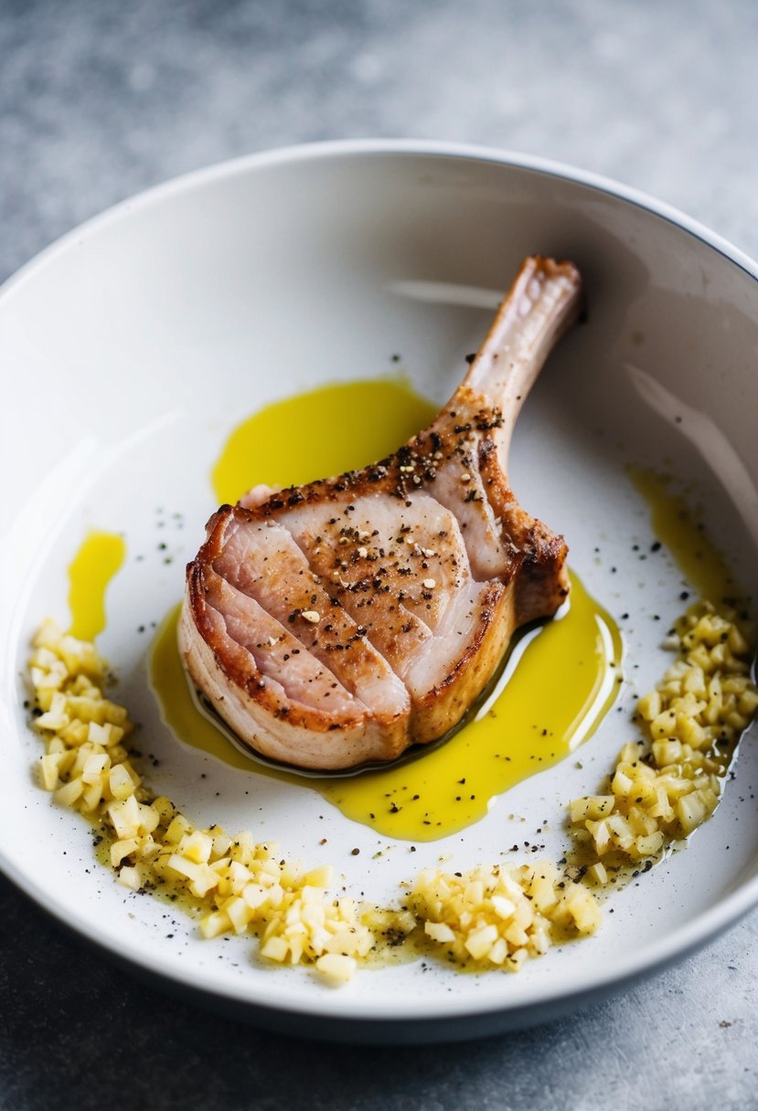 A pork chop sits in a shallow dish, surrounded by minced garlic, cracked black pepper, and a drizzle of olive oil