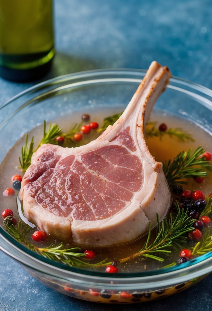 A pork chop submerged in a brine of salt and juniper berries, marinating in a glass dish