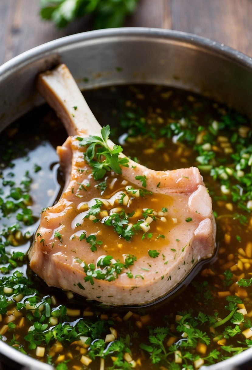 A pork chop soaking in a marinade of soy sauce and fresh herbs, ready to be cooked