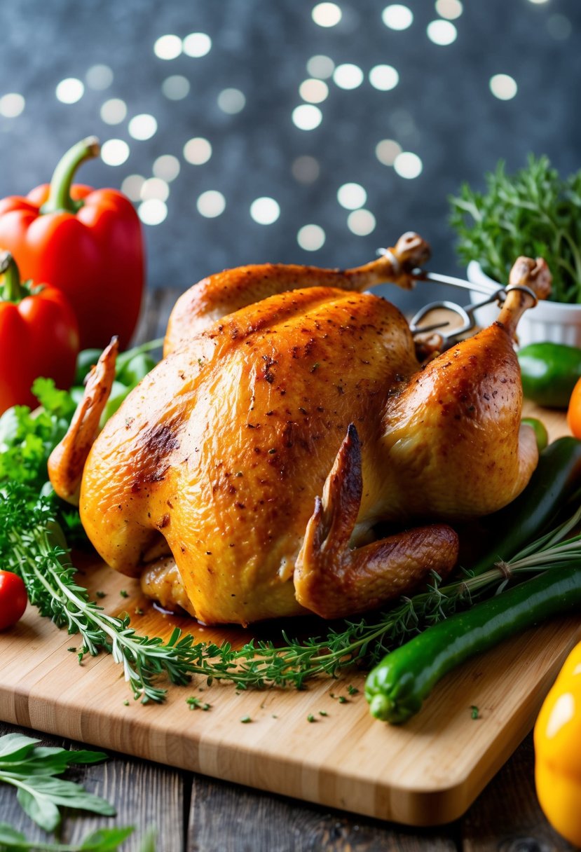 A whole rotisserie chicken surrounded by fresh herbs and colorful vegetables on a wooden cutting board