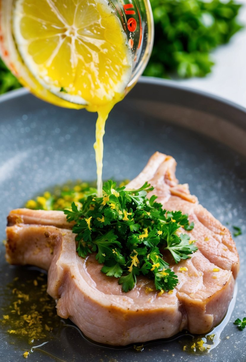 A pork chop being marinated in a mixture of parsley and lemon juice zest