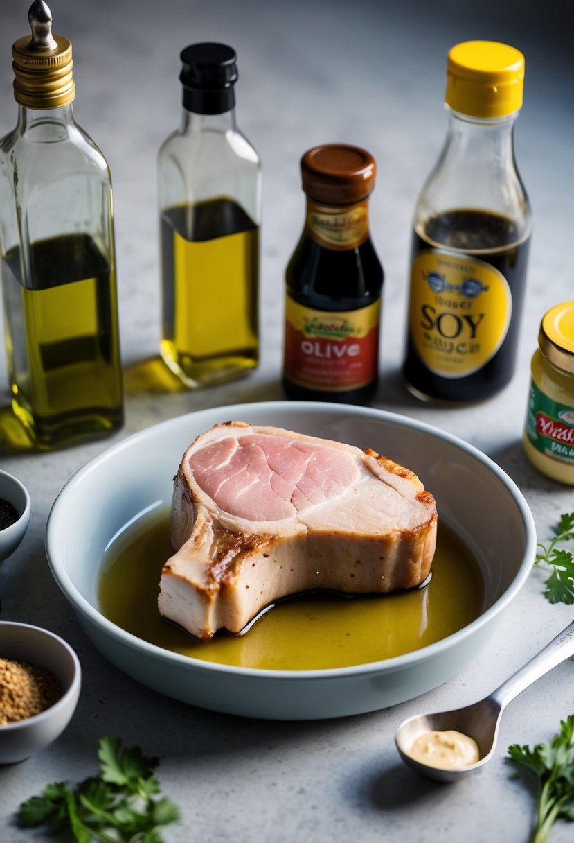 A pork chop sits in a shallow dish, surrounded by ingredients. A bottle of olive oil, a bottle of soy sauce, and a jar of mustard are nearby