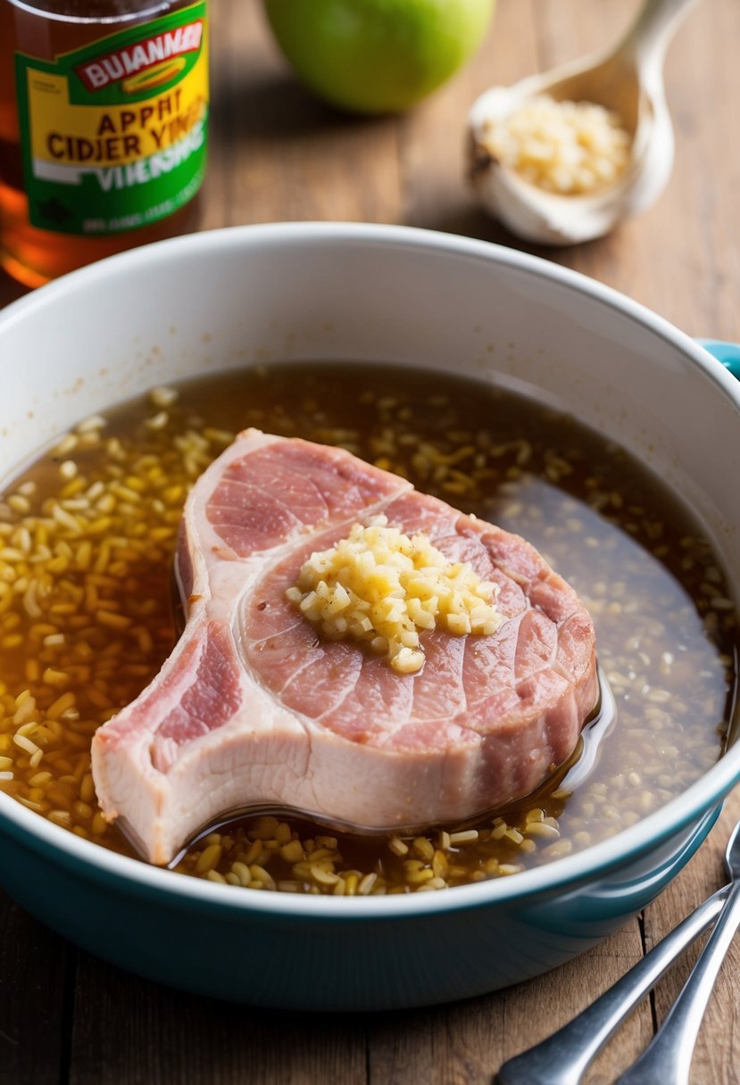 A pork chop sits in a shallow dish, soaking in a mixture of apple cider vinegar and minced garlic