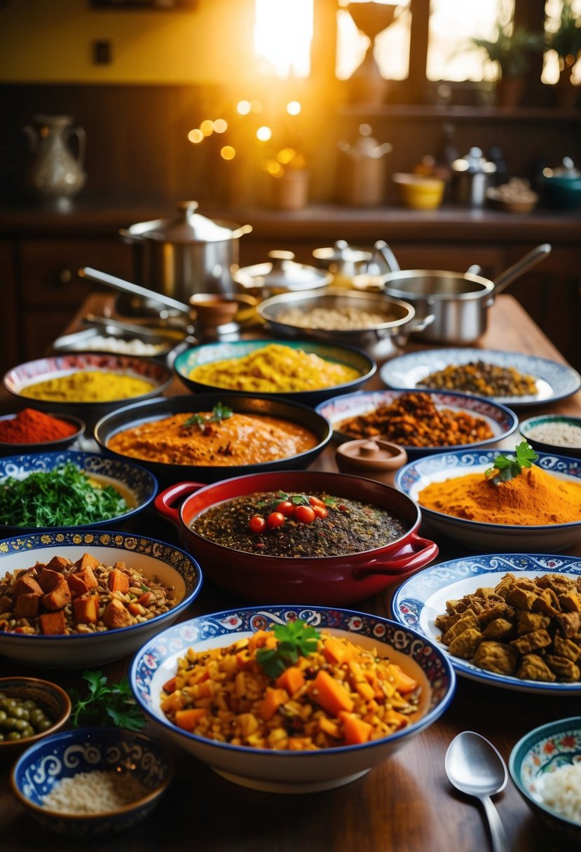 A table filled with colorful Turkish dishes and spices, surrounded by traditional cookware and utensils