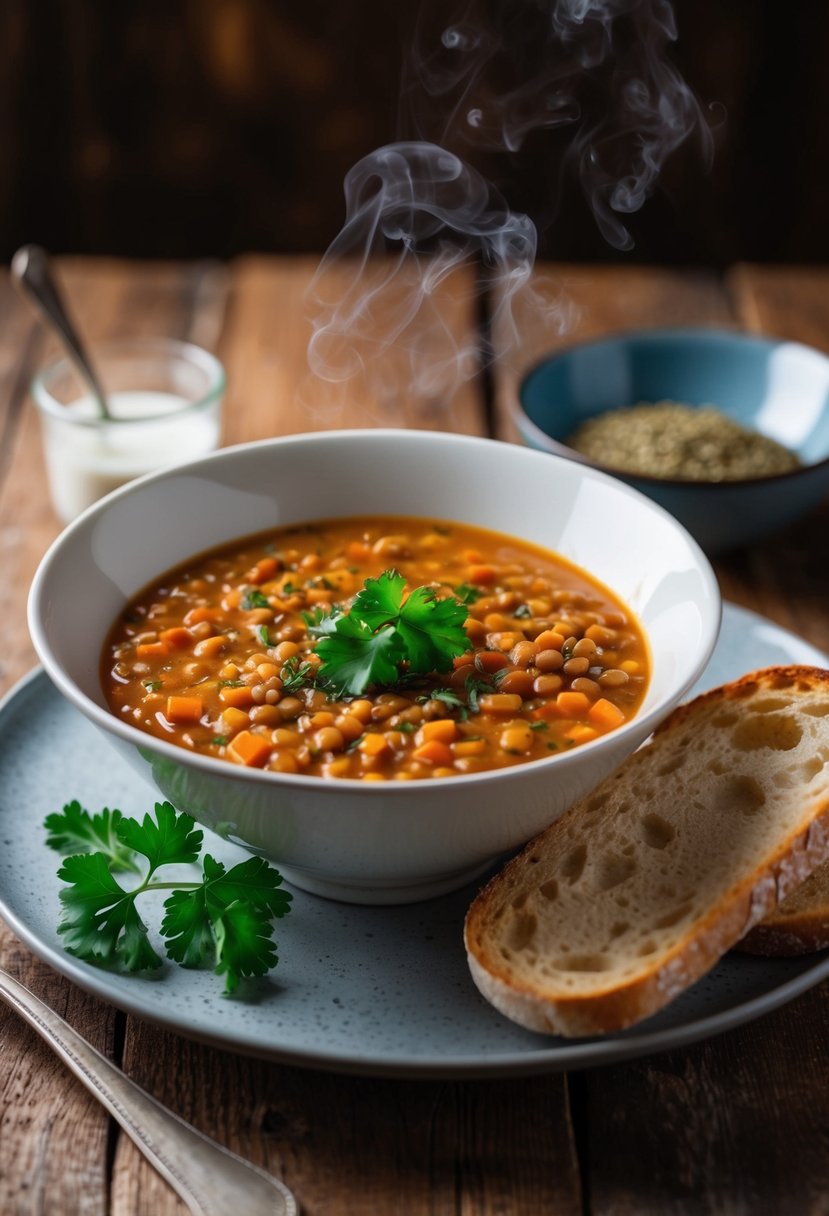 A steaming bowl of red lentil soup with a sprinkle of parsley, served with a side of warm, crusty bread on a rustic wooden table