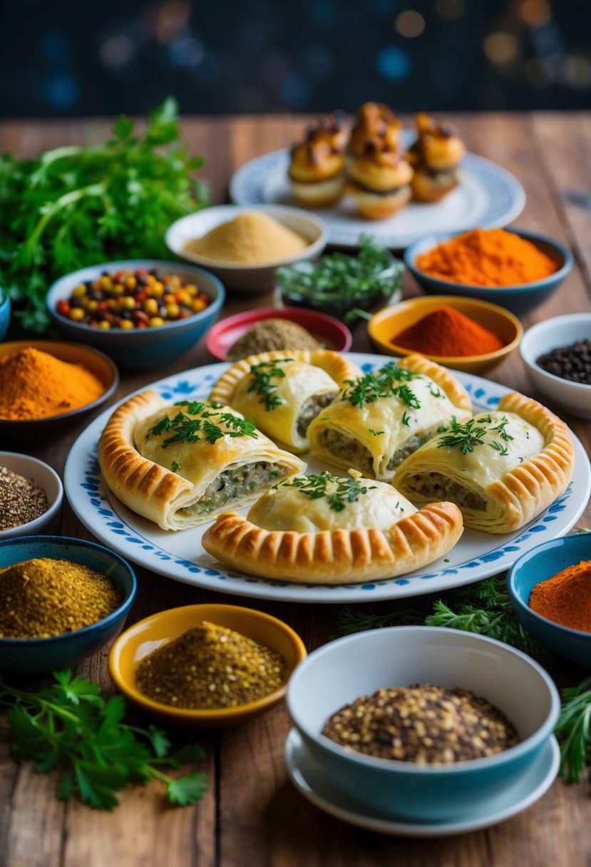 A table set with a variety of savory pastries, including borek, surrounded by colorful spices and fresh herbs