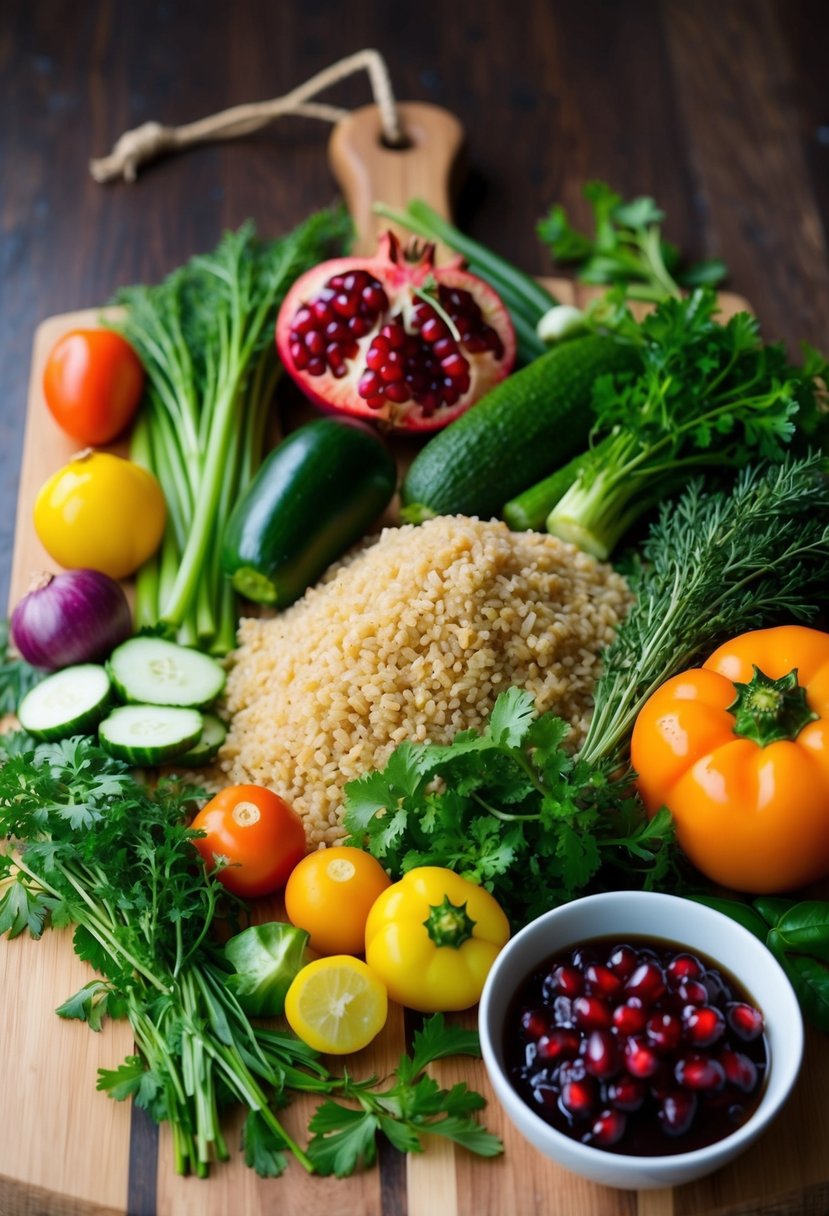 A colorful array of fresh vegetables, bulgur, and herbs arranged on a wooden cutting board, with a bowl of tangy pomegranate molasses dressing on the side