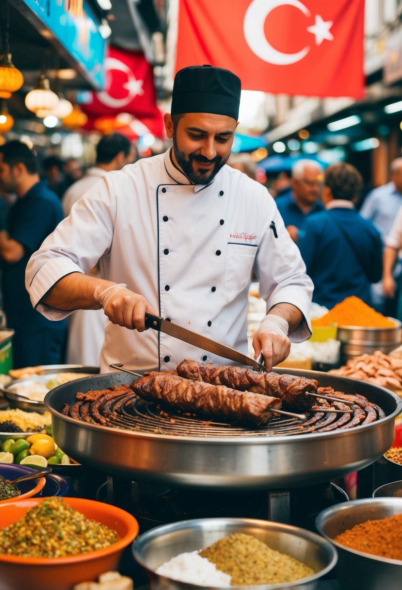 A bustling Turkish street market with a chef slicing succulent döner kebab meat from a rotating spit, surrounded by colorful spices and ingredients