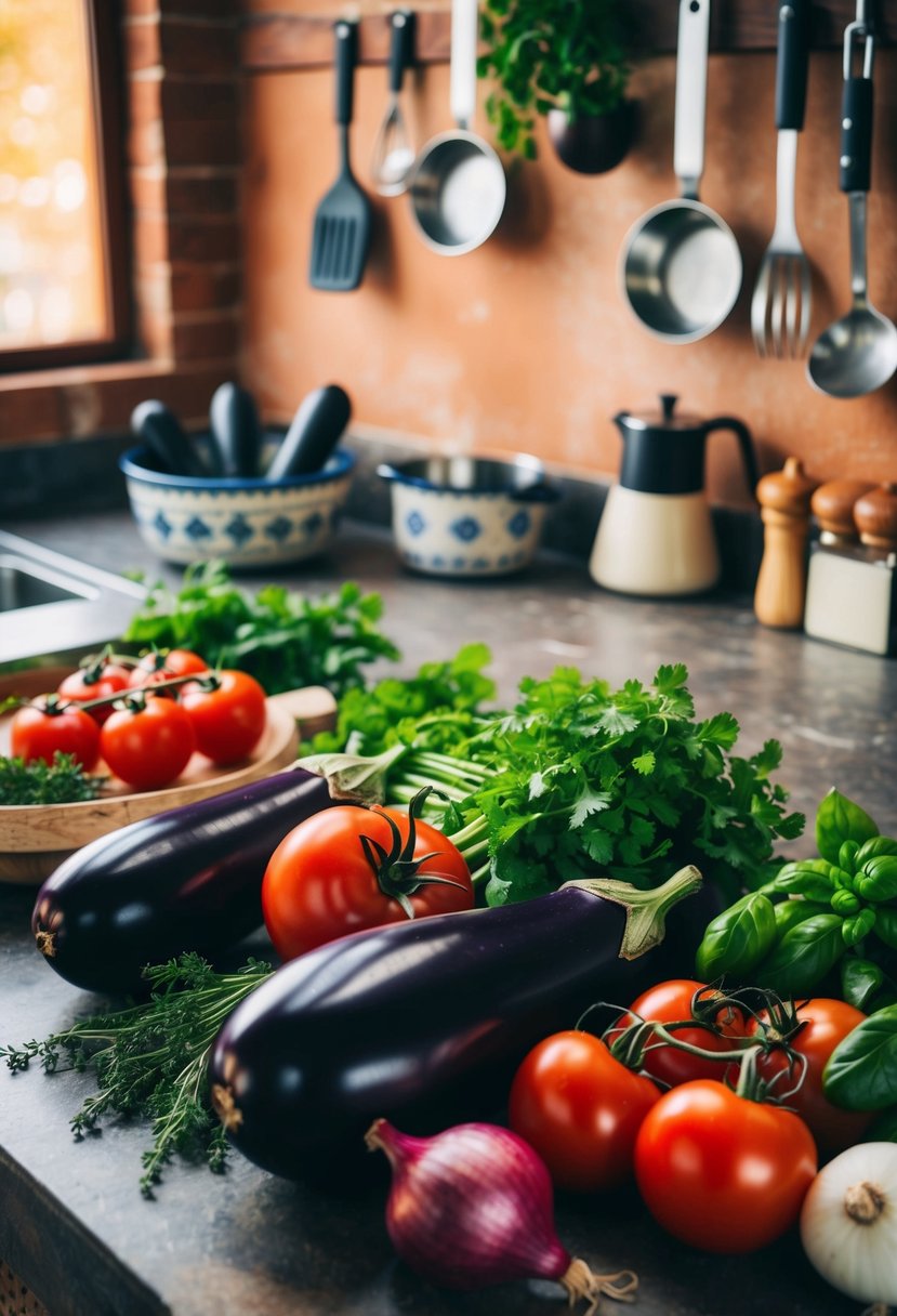 A rustic kitchen counter with fresh eggplants, tomatoes, onions, and aromatic herbs, surrounded by traditional Turkish cooking utensils