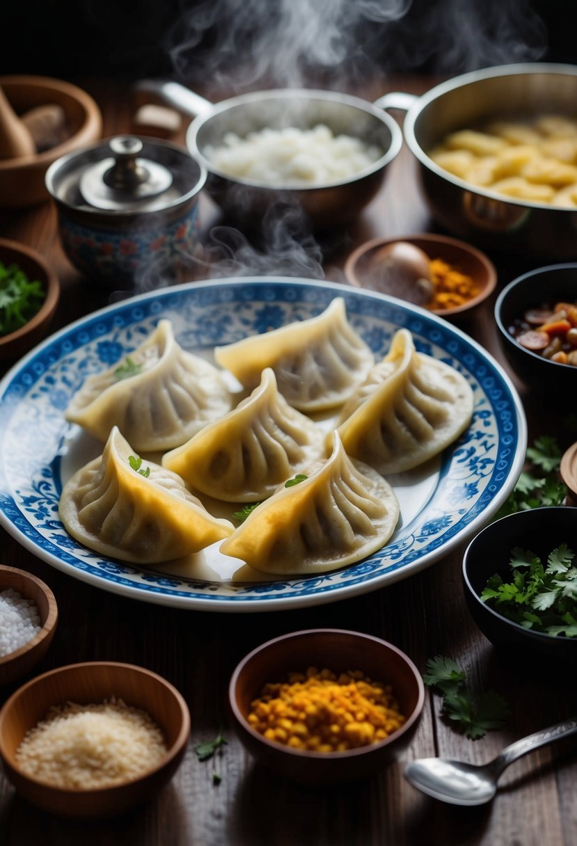 A table set with steaming manti dumplings, surrounded by traditional Turkish ingredients and utensils