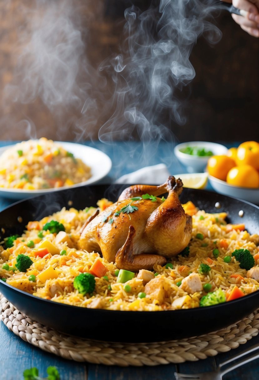 A steaming skillet of chicken fried rice sizzling with colorful vegetables and tender rotisserie chicken