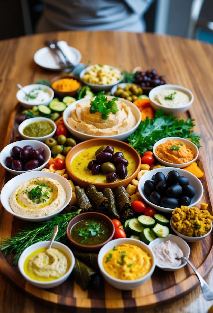 A colorful array of Turkish meze dishes arranged on a wooden platter, including hummus, stuffed grape leaves, olives, and various dips and spreads