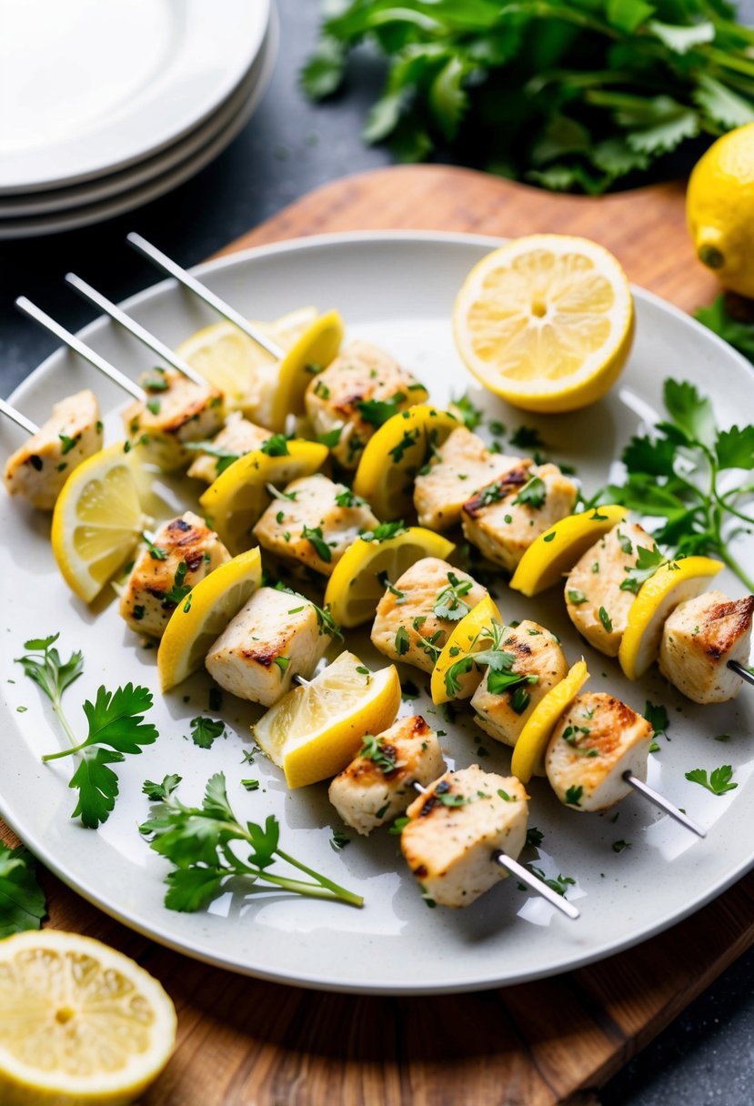 A plate of lemon herb chicken skewers, garnished with fresh herbs and lemon slices, arranged on a wooden serving board