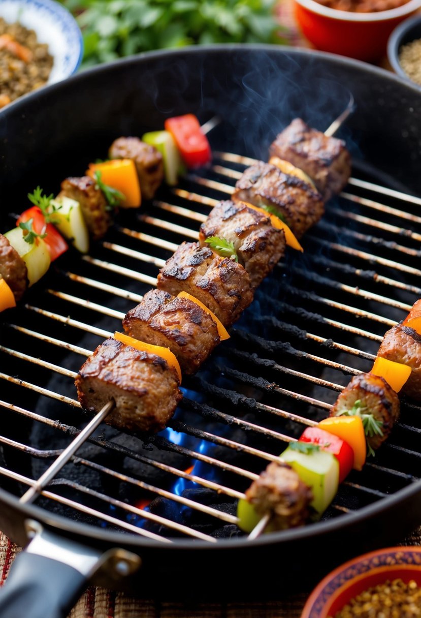 A sizzling skewer of Adana Kebab grilling over hot coals, surrounded by traditional Turkish spices and herbs