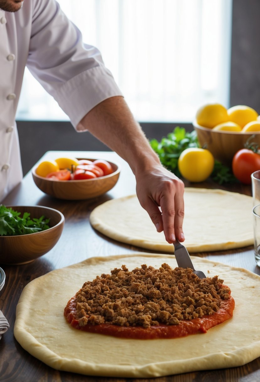 A table set with fresh ingredients and a rolled out dough, with a chef spreading a rich tomato sauce and adding a layer of seasoned minced meat