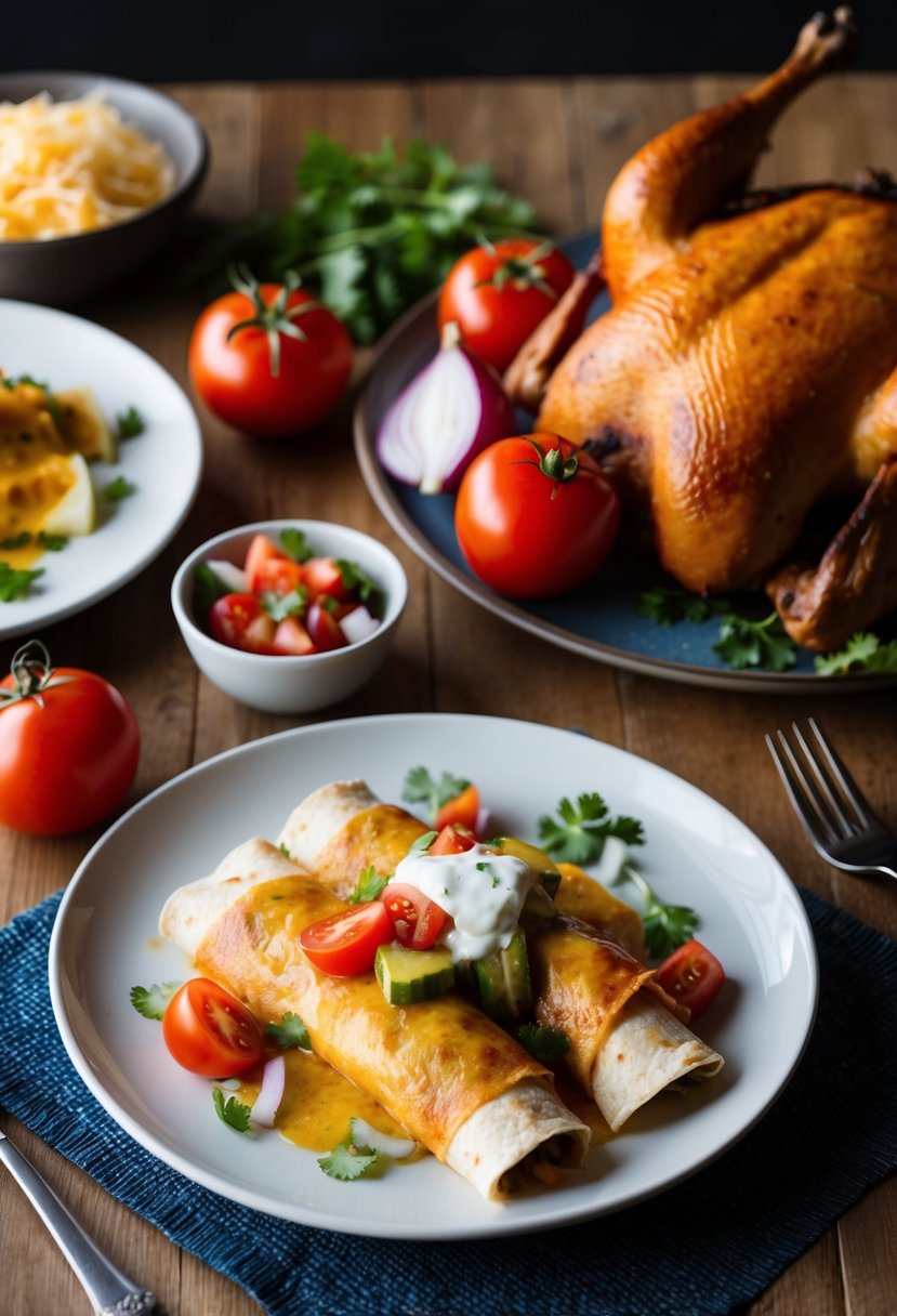 A table set with a plate of chicken enchiladas, surrounded by ingredients like tomatoes, onions, and cheese. A rotisserie chicken sits nearby