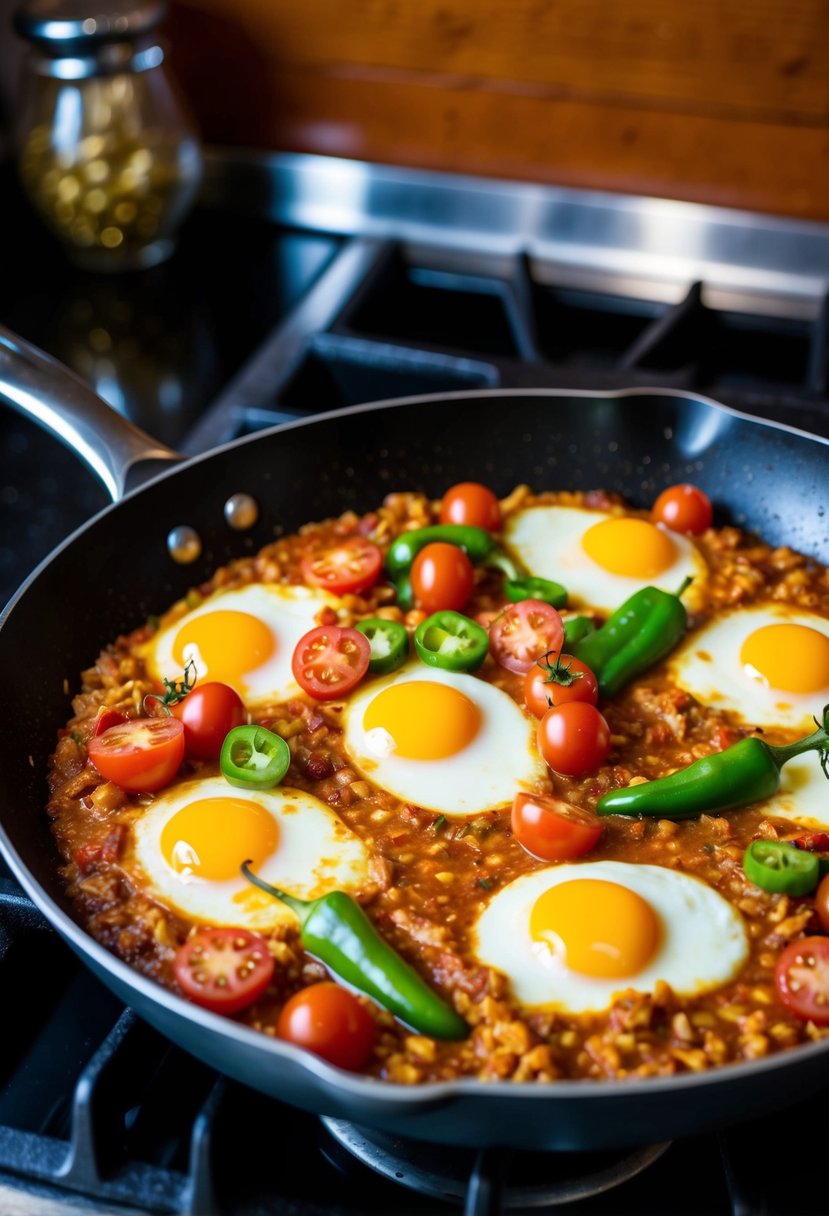 A sizzling skillet of menemen with tomatoes, peppers, and eggs cooking over a stove