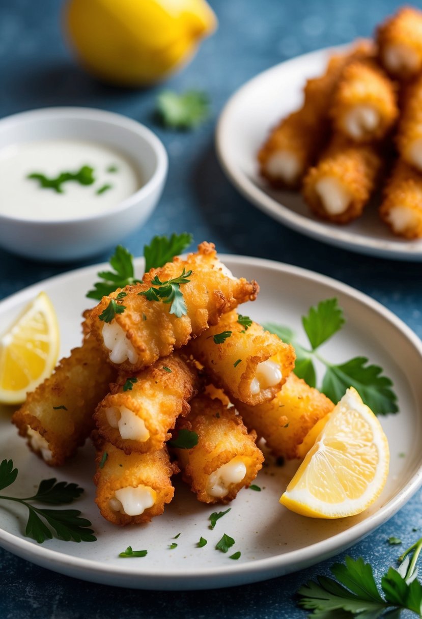 A plate of golden-fried calamari garnished with lemon wedges and parsley