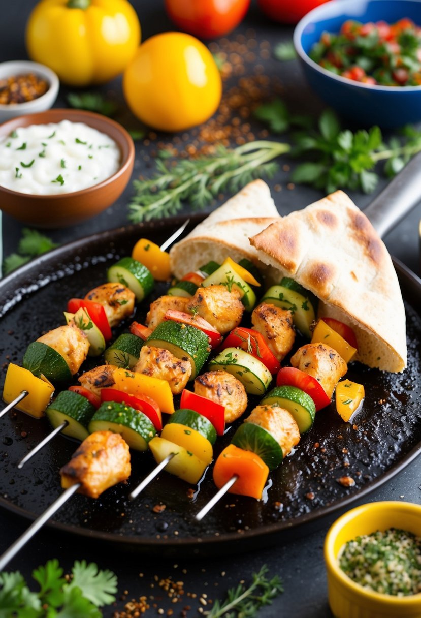 A sizzling rotisserie chicken skewered with fresh vegetables and wrapped in warm pita bread, surrounded by vibrant Greek spices and herbs