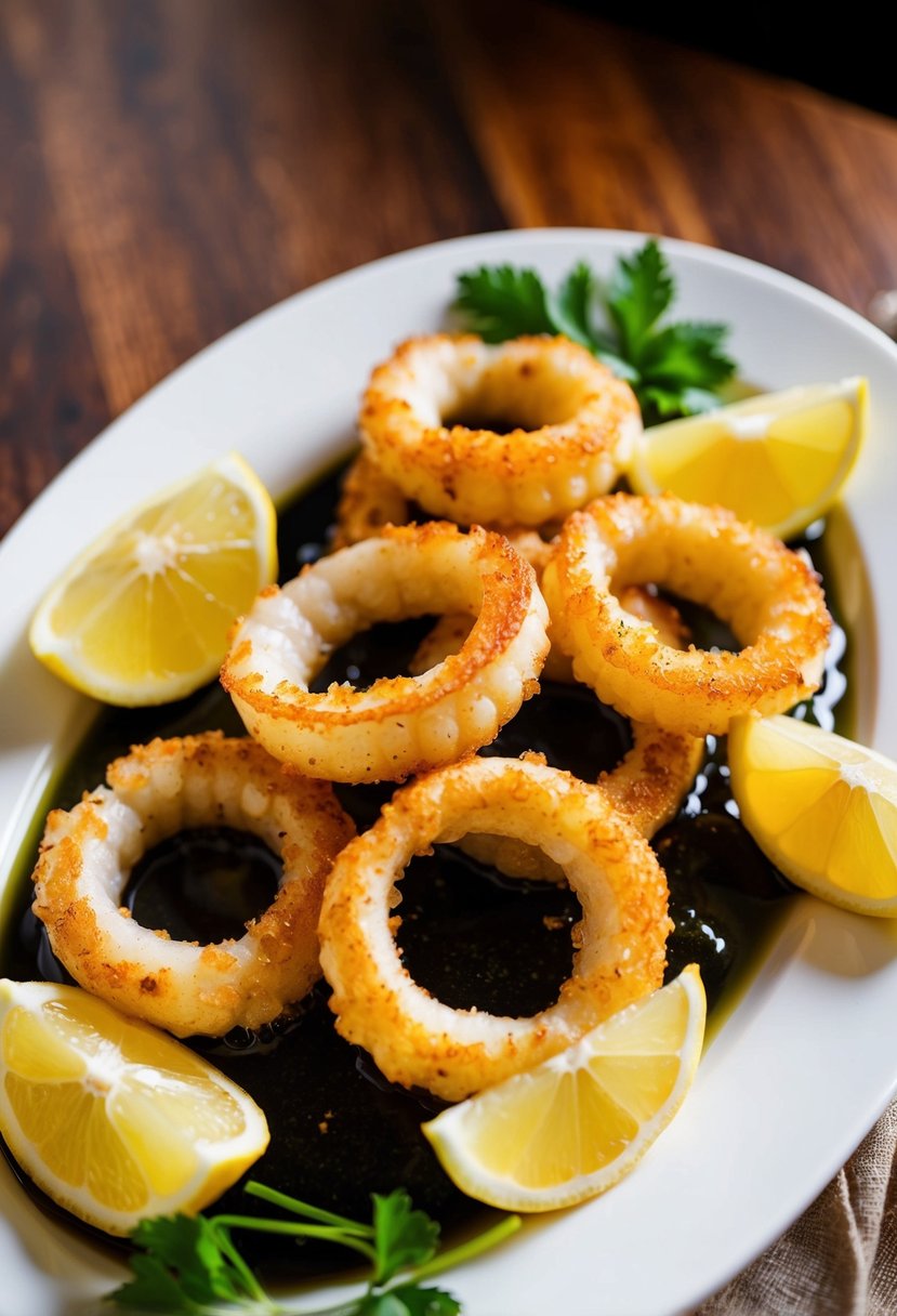 Golden-brown calamari rings sizzling in hot oil, surrounded by fresh lemon wedges and garnished with parsley on a white plate