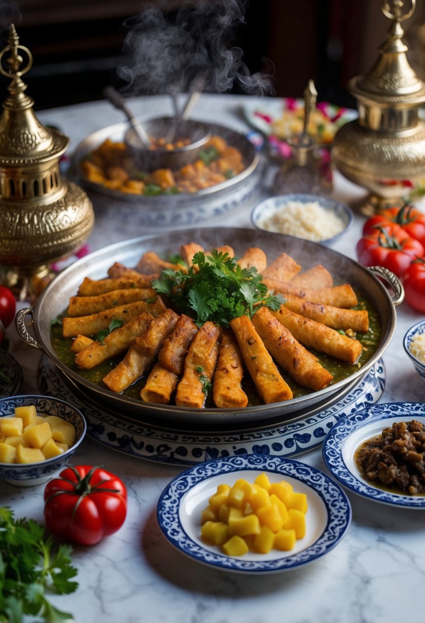 A table set with a steaming platter of Hünkar Beğendi, surrounded by traditional Turkish decor and ingredients