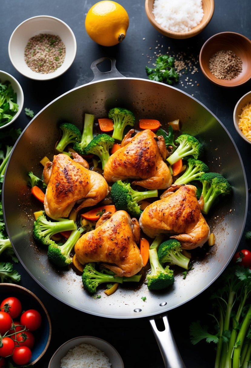 A sizzling wok filled with colorful broccoli florets and tender pieces of rotisserie chicken, surrounded by a variety of fresh ingredients and seasonings