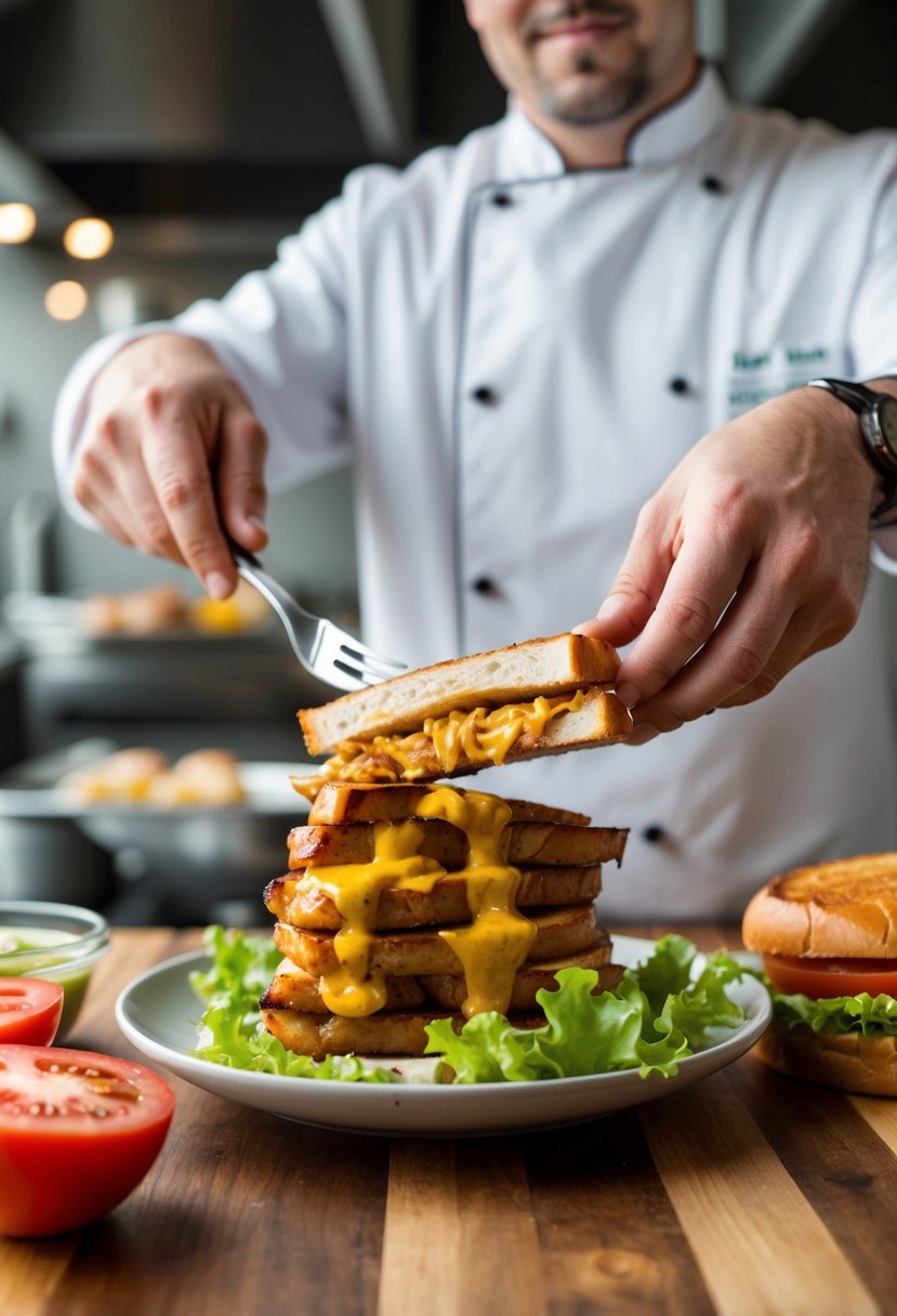 A chef grills honey mustard chicken, slices it, and assembles sandwiches with fresh lettuce, tomato, and a toasted bun