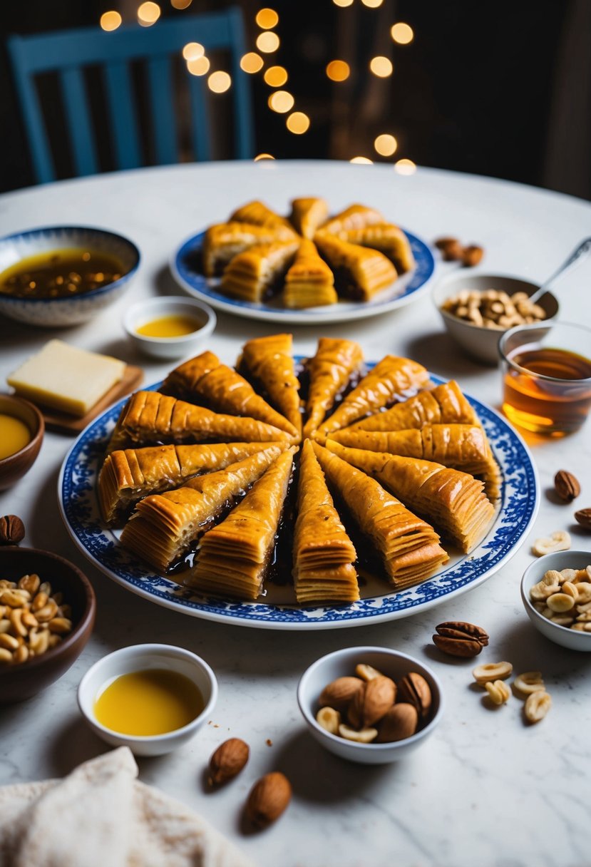 A table set with a platter of golden baklava, surrounded by ingredients like honey, nuts, and filo dough