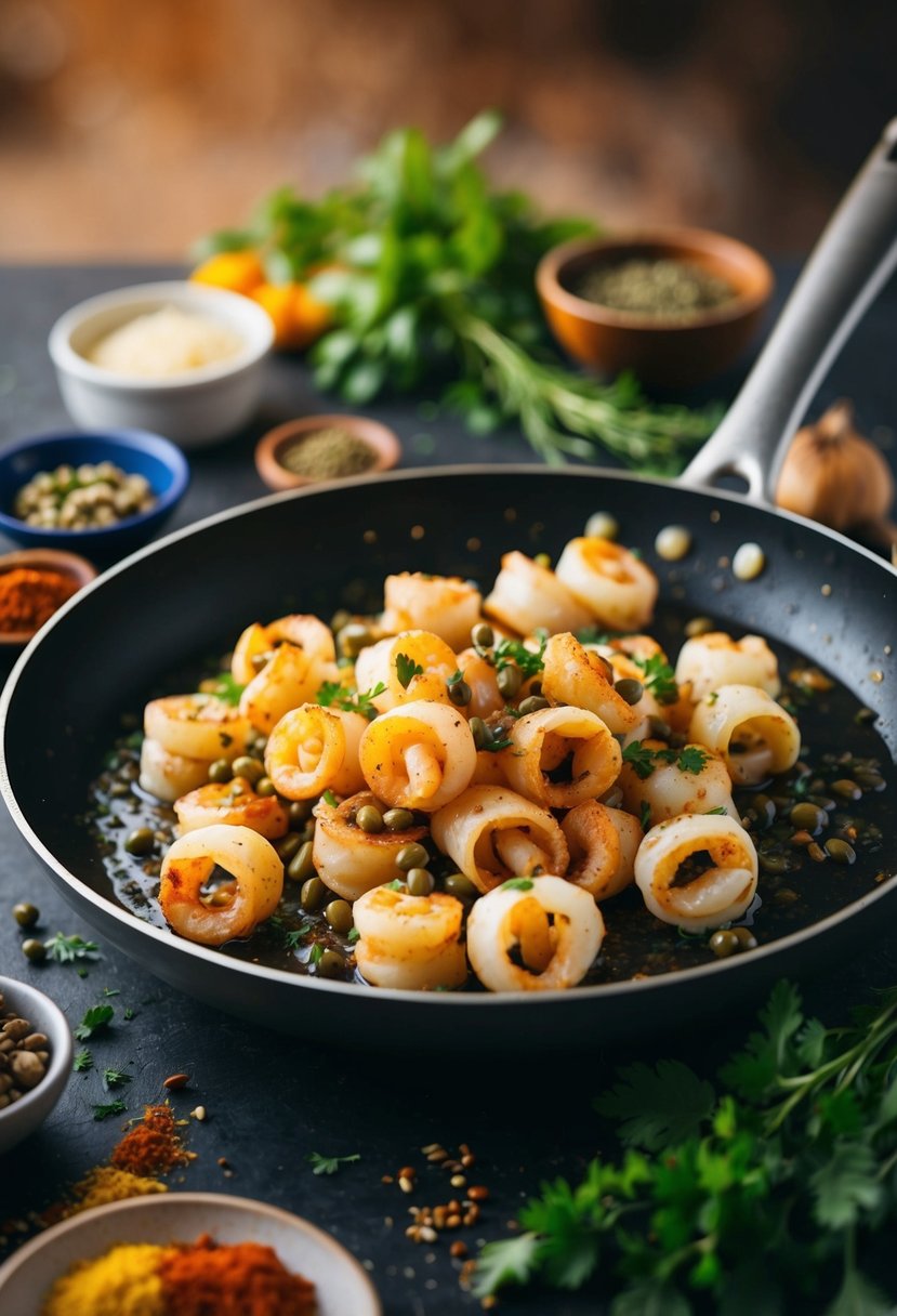 A sizzling pan of sautéed calamari with capers, surrounded by colorful spices and herbs